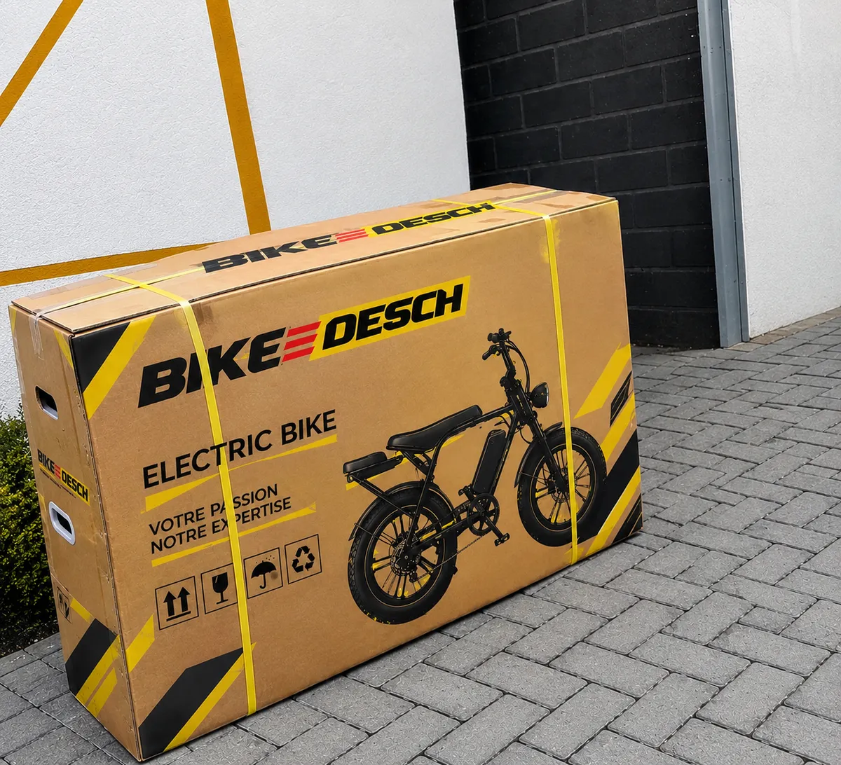 Carton d’un vélo électrique Bike Desch déposé chez le client